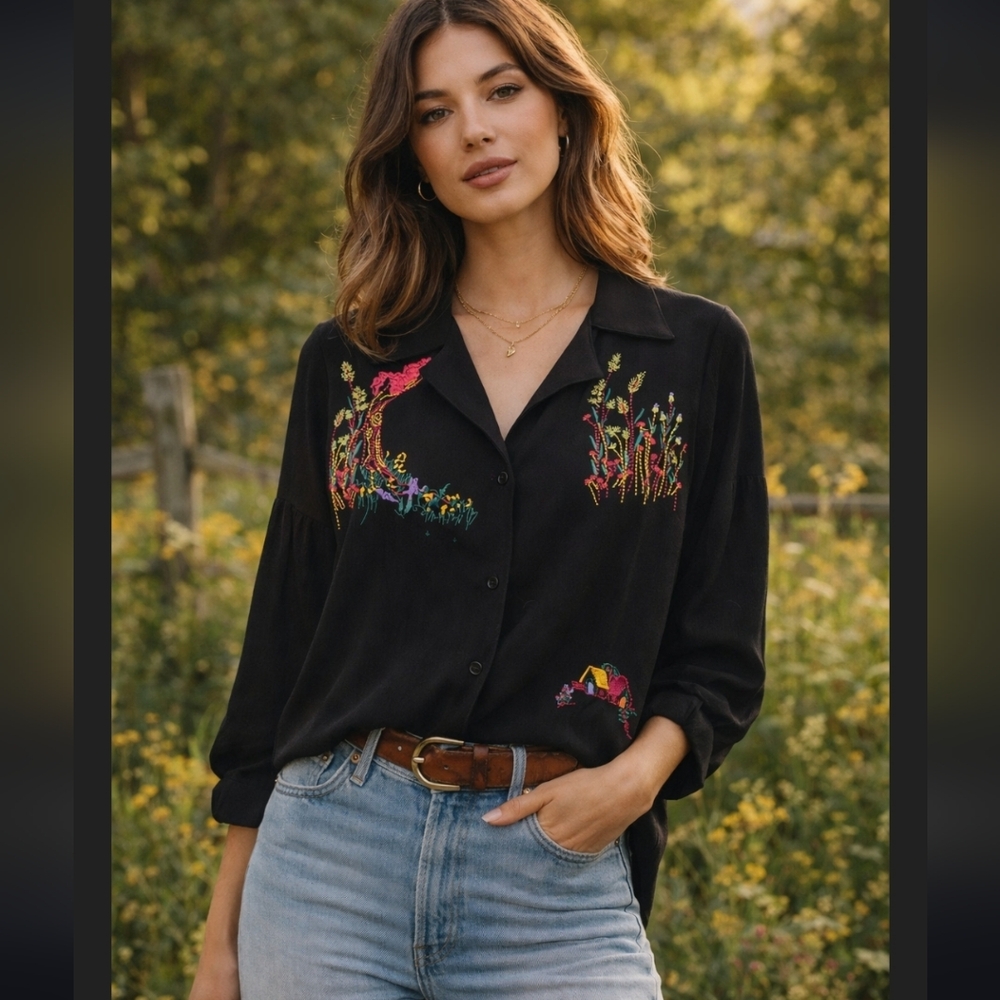 Yellow Brand Embroidered Floral Scene Semi Sheer Black Blouse Sz Small NWT
